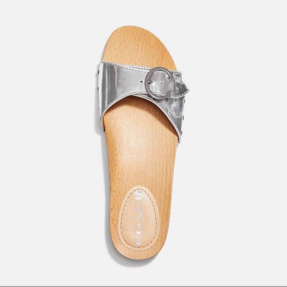 COACH BLEEKER SANDAL SILVER LEATHER WOODEN SANDALS NWOB